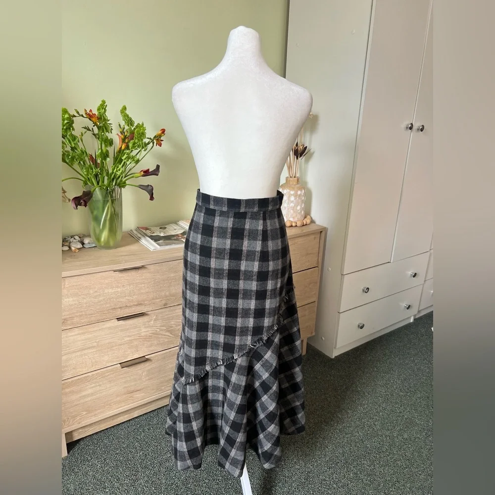 Plaid Check Ruffle Asymmetrical Midi Knee-Length High-Waist Modest Fringe Skirt - Picture 10 of 16